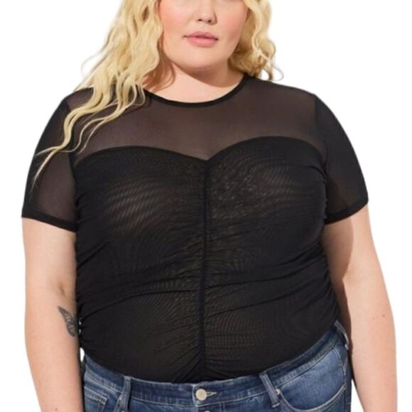 Stretch Mesh Crew Neck Ruched Top - Picture 1 of 5